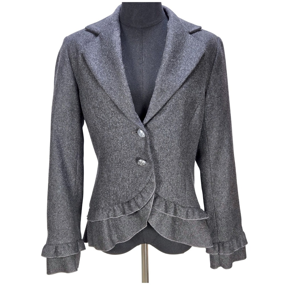 Women's Per Una Marks Spencer Size 10 Grey Wool Ruffle Trim Lady Jacket Academia